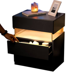 Modern Bedside Table Nightstand with LED Lights - Black