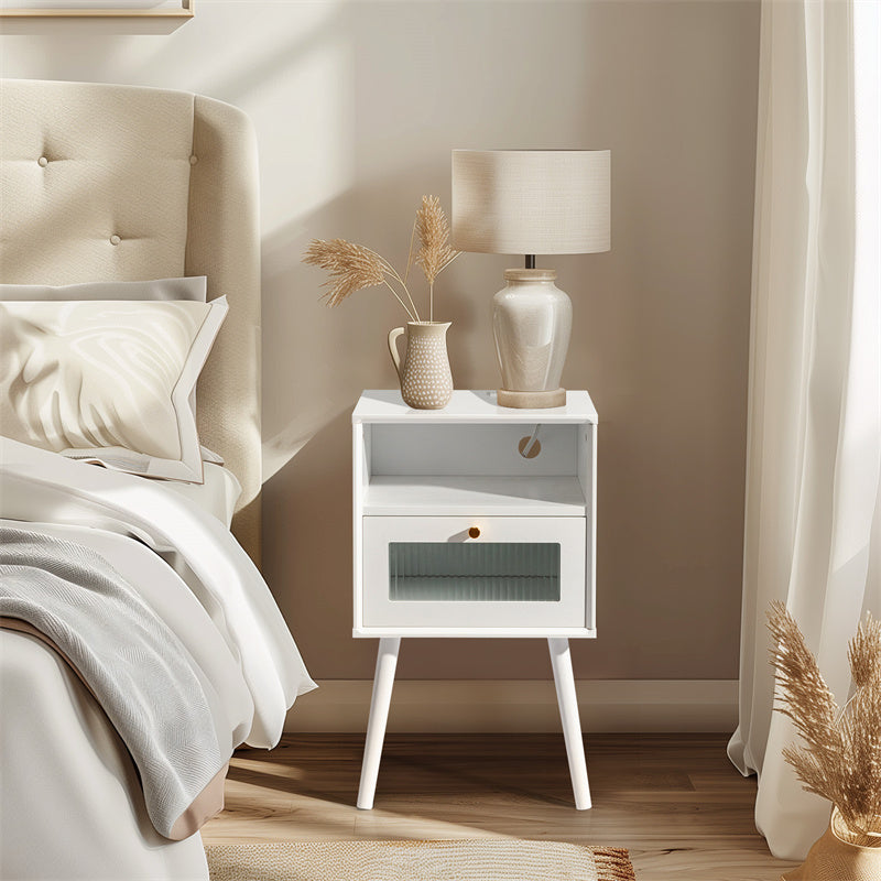 Nightstand with Charging Station & Glass Decorative Drawer