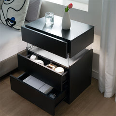 Modern Bedside Table Nightstand with LED Lights - Black