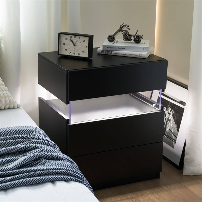 Modern Bedside Table Nightstand with LED Lights - Black