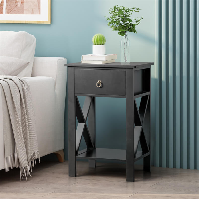 Side Crossover Design Nightstands with One Drawer 3 Colors