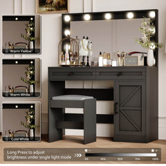 53.9" Glass Top Large Vanity Desk Set with Lighted Mirror and Stool