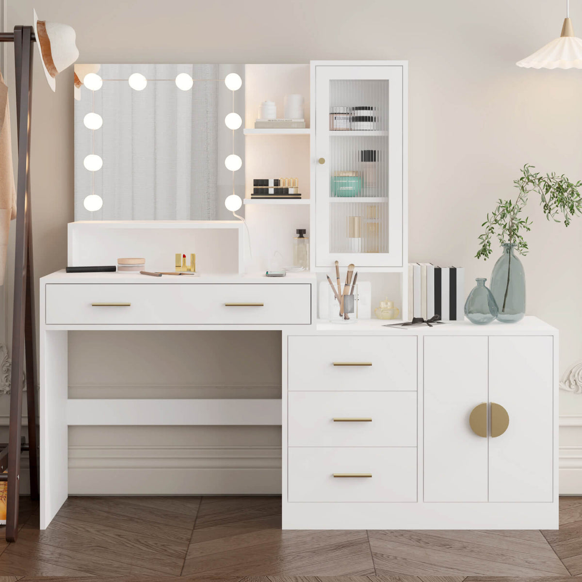 55.1" Large Dressing Table with Mirror and RGB Led Cabinet