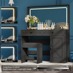 53.9" Glass Top Makeup Vanity Desk Set with Large Mirror and LED Light Strip