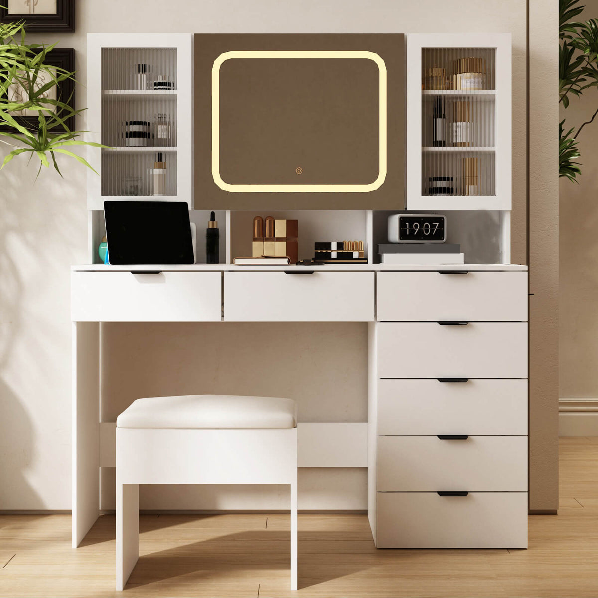 55.1" Large Dressing Table with LED Lighted Mirror