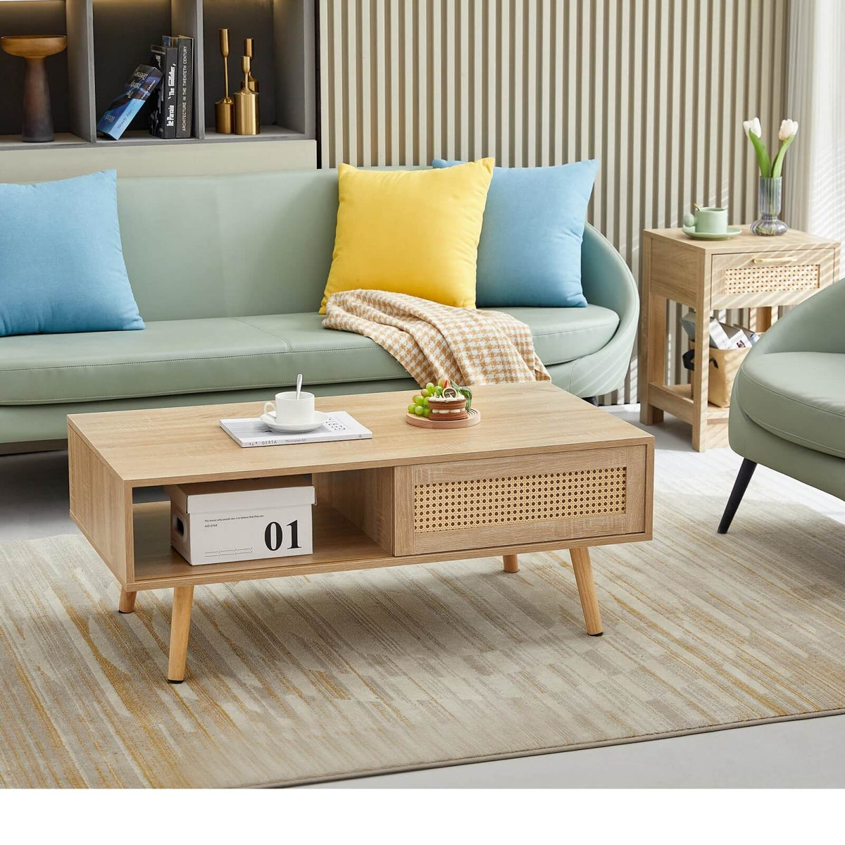 41.3 Inch Rattan Coffee Table with Sliding Door