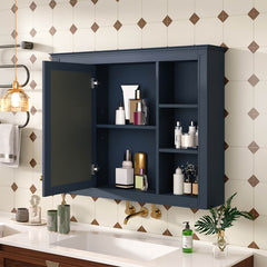 35''L x 28''H Bathroom Mirror Cabinet with Single Door Navy Blue