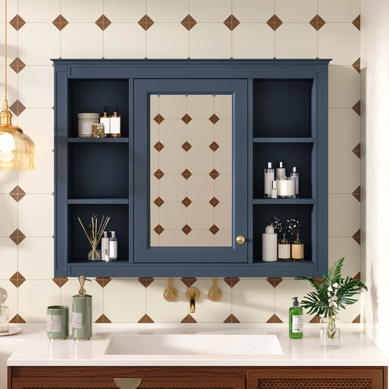 35''L x 28''H Bathroom Mirror Cabinet with Single Door Navy Blue