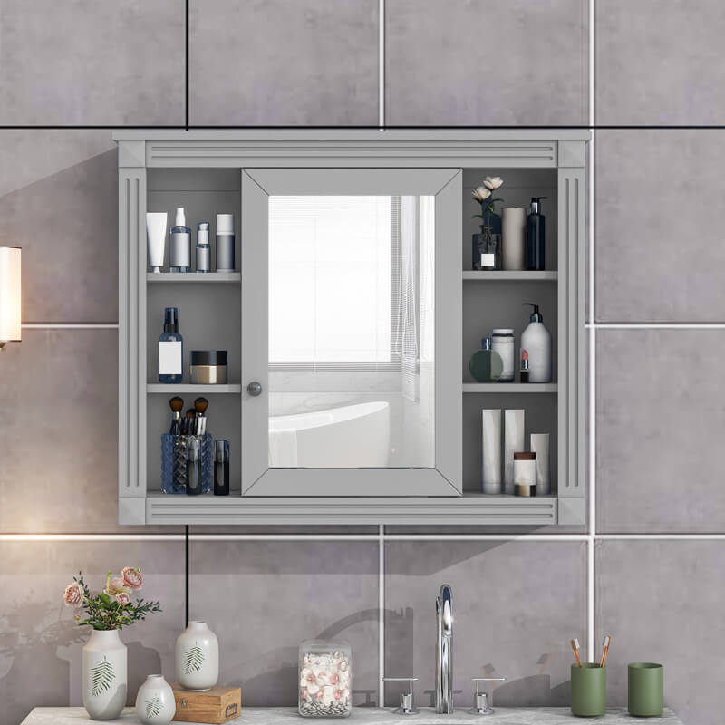 35''L x 28''H Bathroom Mirror Cabinet with Single Door Grey