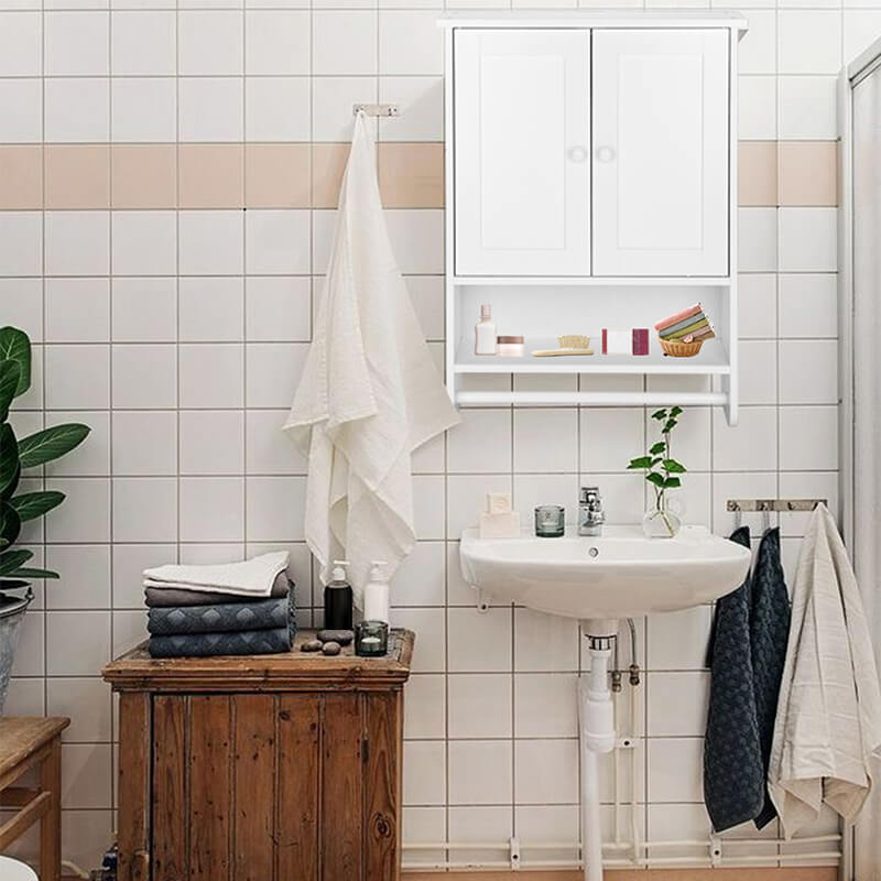 White Wall Hanging Cabinet with Two Doors & Towel Rack