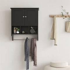 Bathroom Wall Cabinet with Towel Rack & Shelf White/Black