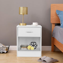 2 PCS White Small Bedside Table with Drawer and Storage Shelf