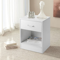 2 PCS White Small Bedside Table with Drawer and Storage Shelf